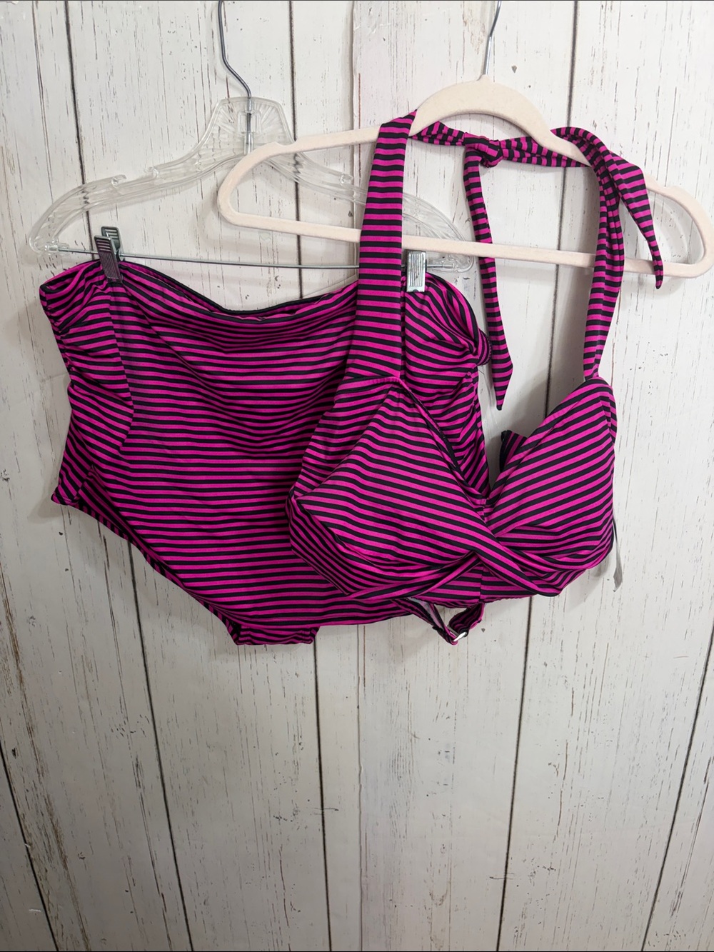 Striped High-Waist Bikini Set in Magenta and Black
